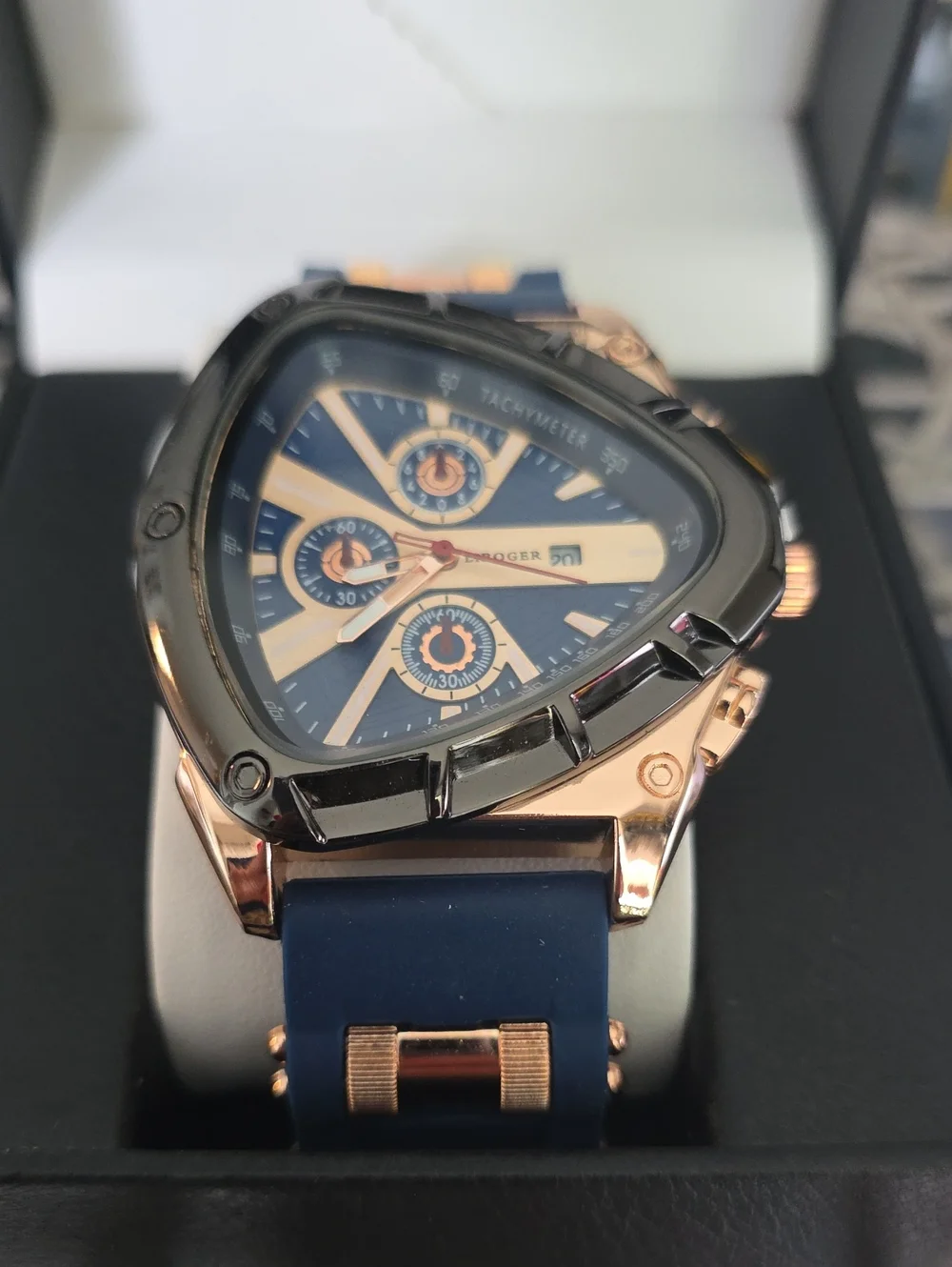 277.   Unique Triangular Men's Chronograph Watch - Navy & Rose Gold
